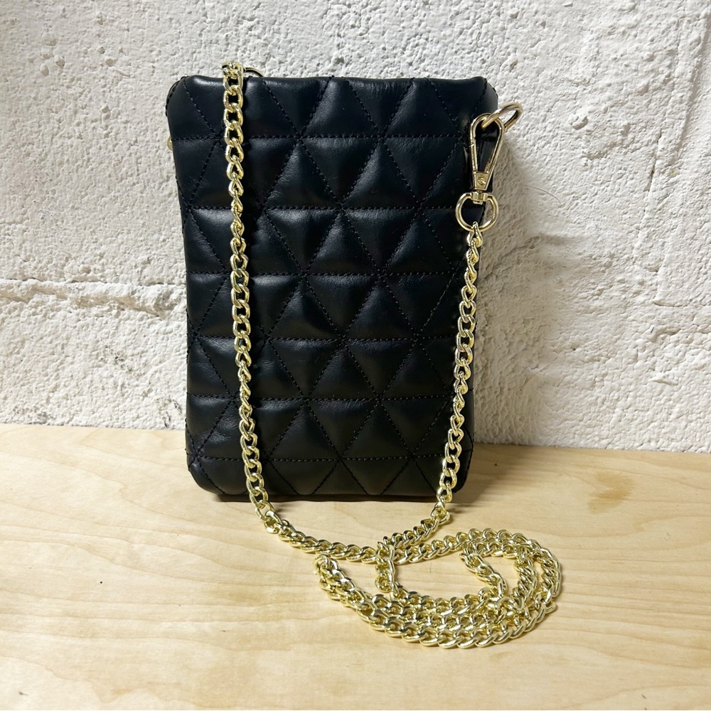 Anna Paola Black Quilted Genuine Leather Shoulder/Crossbody Bag NWOT Gold Strap